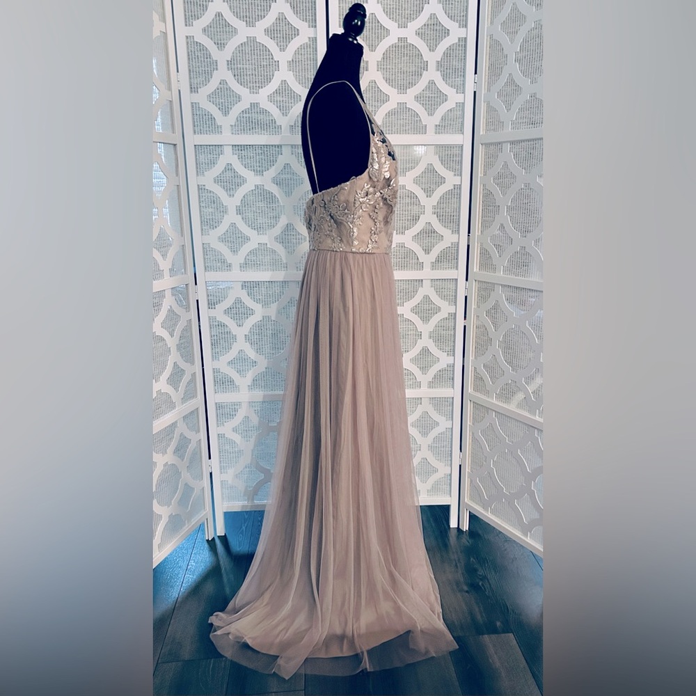 NWT SZ 10 AMSALE Formal Dress Sequins Lace Tulle Maxi Latte Taupe Sora Champagne - Picture 3 of 12